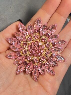 Pink Rhinestone Flower Brooch Gold Tone Large Sparkly Statement 2.75"
